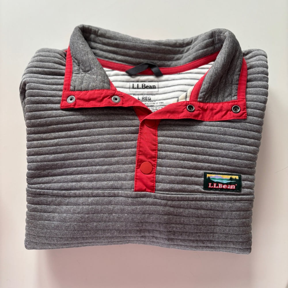 L.L. Bean Gray and Red Button-Up Pullover